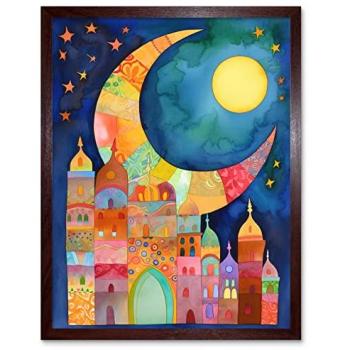 Eid Celebration Canvas: Crescent Moon Cityscape in Watercolour, 12x16, Brown Frame