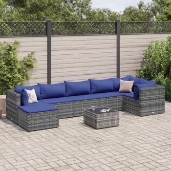 Set salon de jardin gris tressé – 8 meubles avec coussins