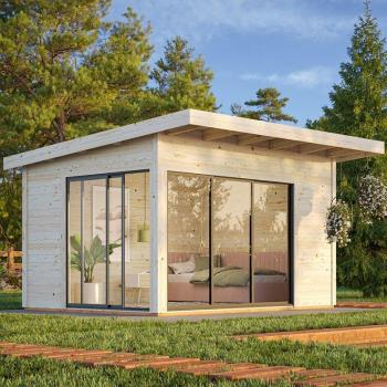 Andrea 4.3 × 4 m Dual‑Glass Rustic Log Cabin Slide‑Door Ensemble (44 mm)