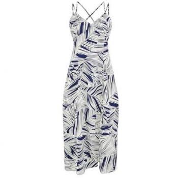 Yumi Navy Leaf Maxi Dress – Cross-Back Style