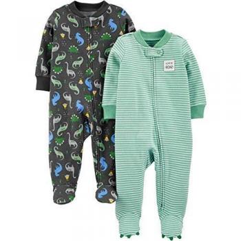 Pack de 2 Monos de Bebé con Pies y Cremallera, Estampado de Dinosaurios, 0-3 Meses