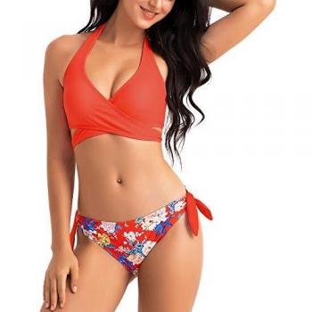 Maillot de Bain 2 Pièces Femme Sexy Sport Push Up Bikini Ensemble Halter Bandeau Bandage Floral Print Triangle Mignon Soutien-Gorge Plage Swimwear