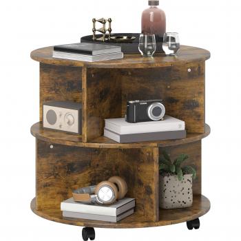 HOMCOM Round Wood Coffee Table with Wheels, 3-Tier Rolling Side Table for Living Room with Divided Shelves, Rustic Brown