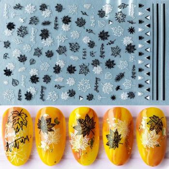 3D Adhesive Nail Stickers Black White Letter Leaf