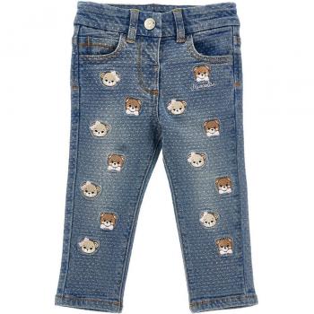 Monnalisa Neonata Denim Jeans con Ricami Orsetti