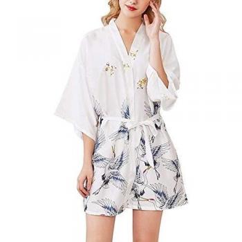 Uniquestyle Femme Kimono Robe de Nuit Peignoir Satin Fleurs Paon Vêtements Chemise de Nuit