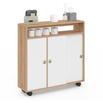Idmarket Armoire à roulettes 3 portes coulissantes – compacte 70x20x70 cm – plateau hêtre blanc