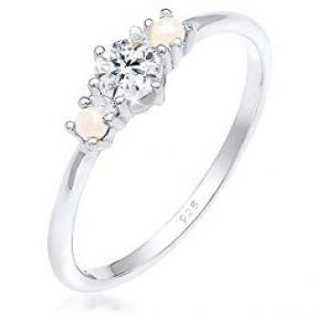 Elli Trauring mit Glas‑Kristallen & synthetischer Perle – weißes 925er Silber, 56 mm