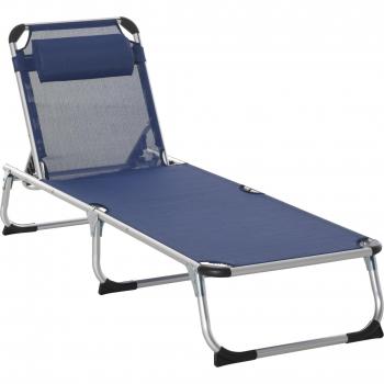 Transat Outdoor Outsunny – Chaise Longue Extérieure, Pliable, Appui-Tête Intégré, Dossier Ajustable, 60x165x76cm, Bleu Foncé