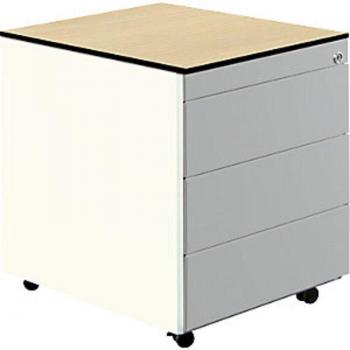 Mauser Schubladencontainer mit Rollen, 573 x 600 mm, HPL-Vollkernplatte, 3 Schubladen, reinweiß / weißaluminium / Ahorn