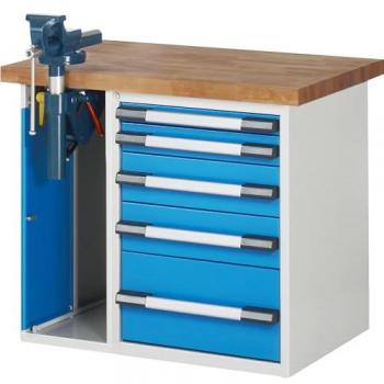 EUROKRAFTPRO Werkbank Baukastensystem Serie 7000 mit 5 Schubladen und linksseitigem Schraubstock, BxT 1000 x 700 mm