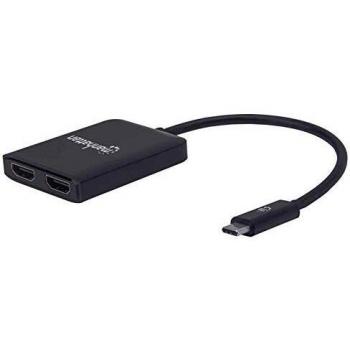 Manhattan USB-C to Dual HDMI Adapter, 4K@30Hz, 19.5cm, Male to Female, USB-C to 2x HDMI, MST Hub, Black