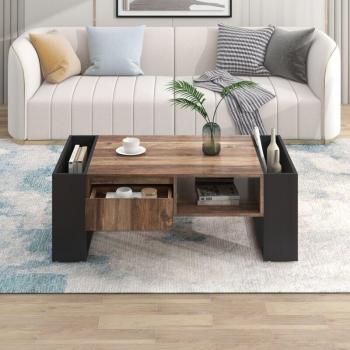Tavolino Okwish Dual-Front con Venature di Legno, Cassetto a Maniglia Nulle, Spazio di Archiviazione Bifacciale