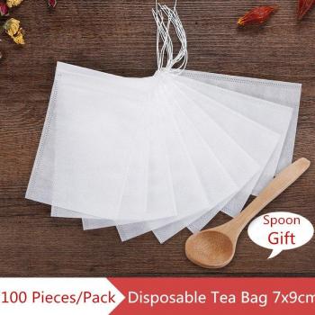 100 Count Disposable Tea Filter Bags with Drawstring and Spoon