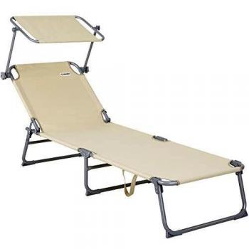 Chaise longue de jardin Deuba beige pliable avec pare-soleil