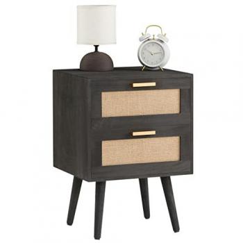Table de chevet WAMAN vintage en bois de paulownia noir avec 2 tiroirs et lin naturel