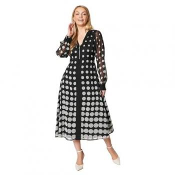 Women's Black Zip Front Polka Dot Midi Dress
