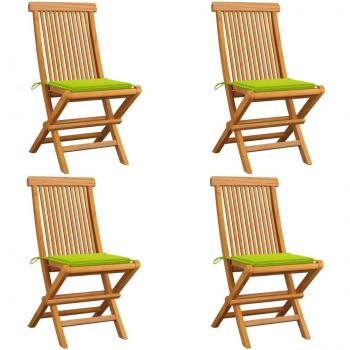 Sillas de jardín 4 piezas con cojines verdes brillantes de teca maciza