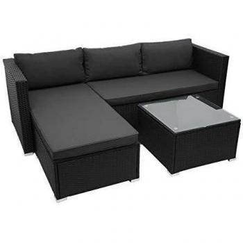 Poly‑Rattan Gartengarnitur Set – Sitzgruppe Schwarz mit Dunkelgrauen Kissen