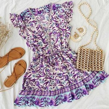 Purple Ruffle Mini Dress with Boho Print for Parties
