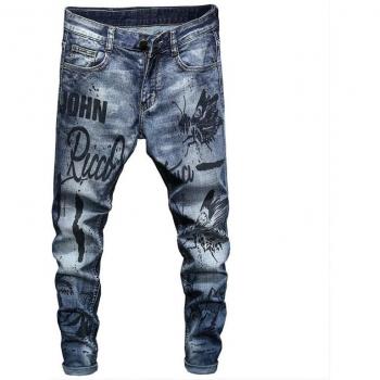 Jeans ajustados de hombre con estampado de mariposa en azul
