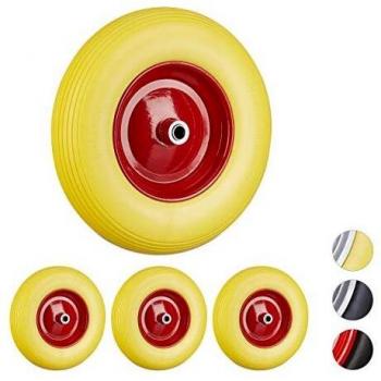 Ensemble 4 roues de brouette – 4,80 m, 4‑00‑8 mm, caoutchouc, 100 kg, jaune/rouge