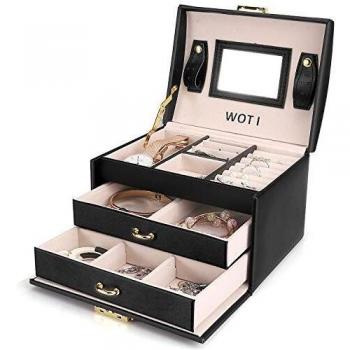 WOT I Jewelry Storage Box Three Layers PU Leather with Built-in Mirror Lockable Compact Makeup Organizer for Women