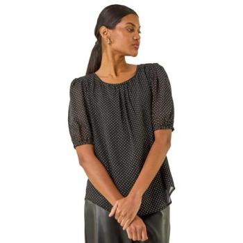 Glitzer‑Spott Print Blouse „Roman“ – schwarze Puff‑Ärmel