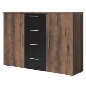 Commode 130 cm IRINA – 2 portes + 4 tiroirs, couleur chêne foncé & noir