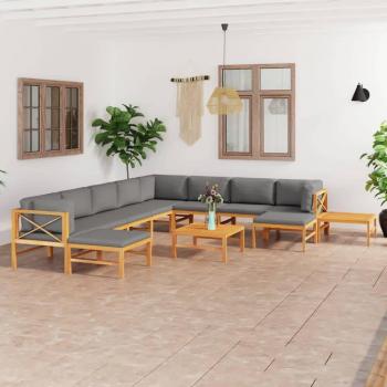 Teak Garten-Lounge-Set 12-teilig mit grauen Kissen