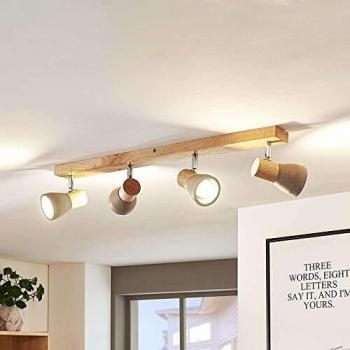 Lindby Filiz Deckenstrahler, betongrau und helles Holz