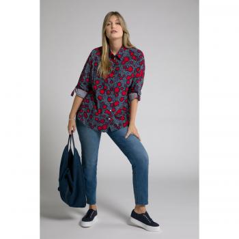 Camicia blu a pallini con maniche lunghe e bottoni oro, taglia 52/54, cotone, Ulla Popken