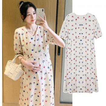 Vestido largo de maternidad con estampado floral, gasa, cuello en V, 6033