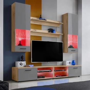 Meubles TV Varallo Komodee – 200 cm × 195 cm × 45 cm – LED RGB, Gris Brillant