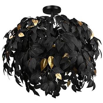 Plafoniera moderna 3 fiamme E14 foglie nere e oro 70x73 cm