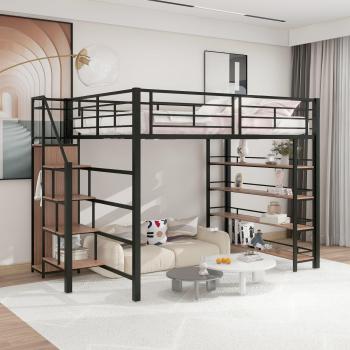 Cama Elevada 140x200 cm en Negro con Almacenamiento