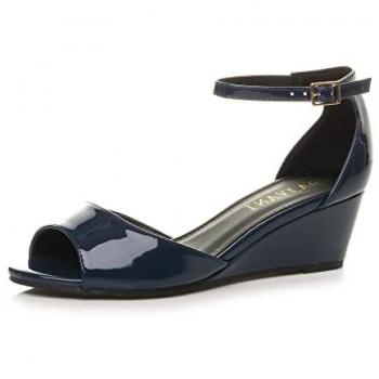 Navy AJVANI Mid‑Wedge Heel Patent Sandals – Size 7, Female