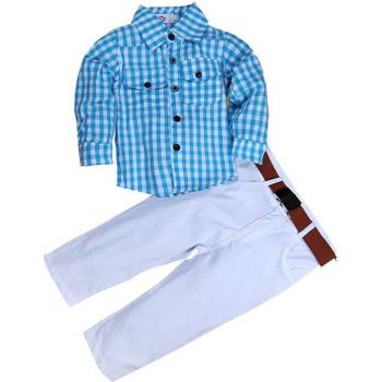 Boys' Daily Wear 3-Piece Set: Plaid Shirt, White Pants & Belt for Ages 2-7