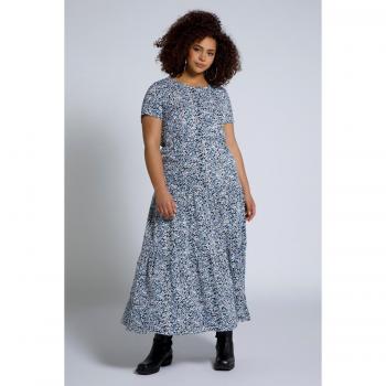 Vestito maxi svasato con scollo a girocollo e fiori, Donna, Blu, Taglia 44/46, Poliestere