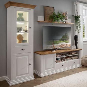 Wohnwand Set ESBJERG-69, 3-teilig, weiß lackierte Kiefer mit geölter Eiche, Landhausstil, inkl. Beleuchtung