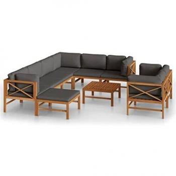 VidaXL Garten-Lounge-Set mit grauen Kissen, 10-teilig aus Teakholz