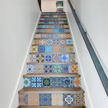Ceramic Tile Pattern 3D Stair Stickers 13 Pieces for Home Stairs