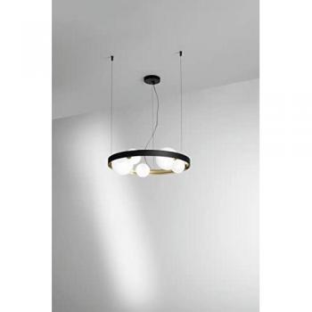 Sospensione SONETTO con struttura in alluminio nero e oro con cinque diffusori in vetro