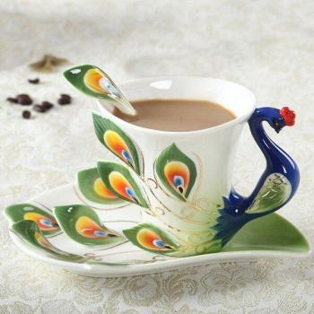 Bone China Peacock Tea Cup with Saucer