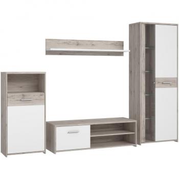 Galería TV + Vitrina LED: Mueble 266 cm en blanco-arena