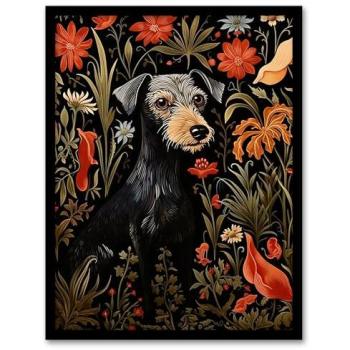 Floral Black Irish Terrier Portrait – Vintage Wallpaper Style Frame