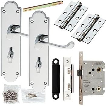 Classic Chrome Victorian Door Handle & Bathroom Lock Combo, 205 mm × 49 mm Scroll Backplate