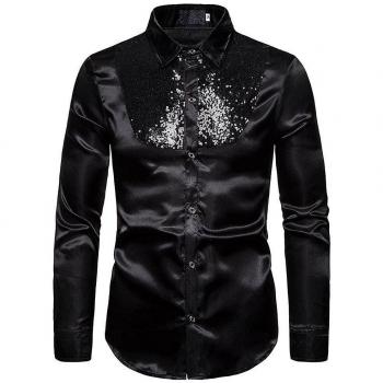 Camisa de Encaje Glitterada y Manga Larga en Negro para Hombre, Talla XL