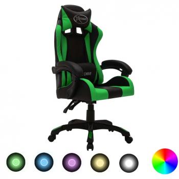Sedia da Gaming con Luci a LED RGB Verde e Nera in Similpelle