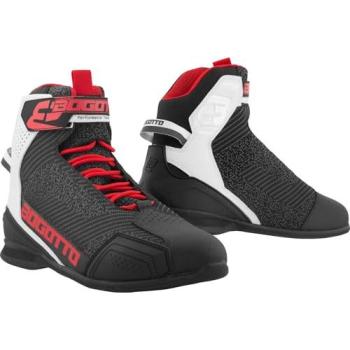 **Pies de Moto Bogotto Tokyo: Estilo Perforado, Negro/Blanco/Rojo